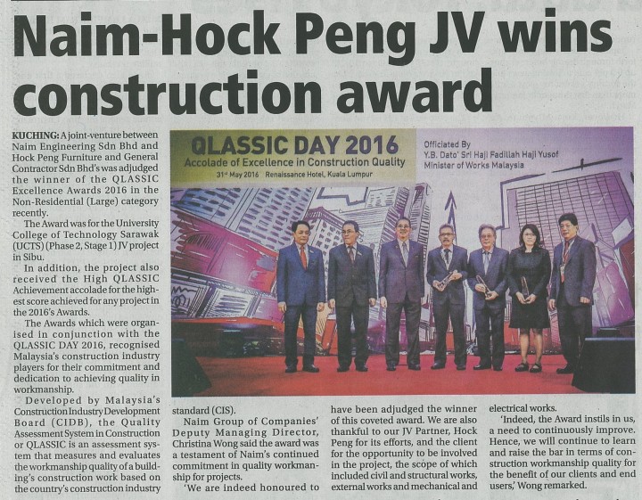 Naim-Hock Peng JV wins construction award - Naim Holdings Berhad