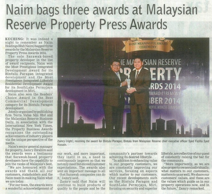 NAIM Bags Three Awards at Malaysian Reserve Property Press Awards