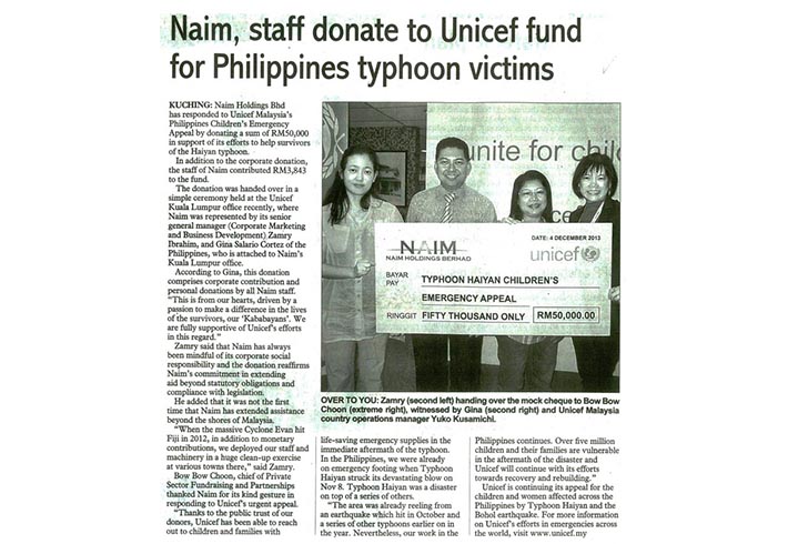 Naim, staff donate to Unicef fund for Philippines typhoon victims