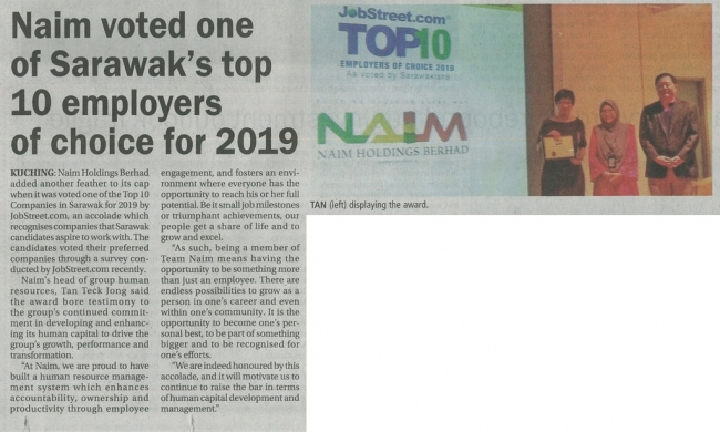 NAIM Voted One of Sarawak’s Top 10 Employers of Choice for 2019